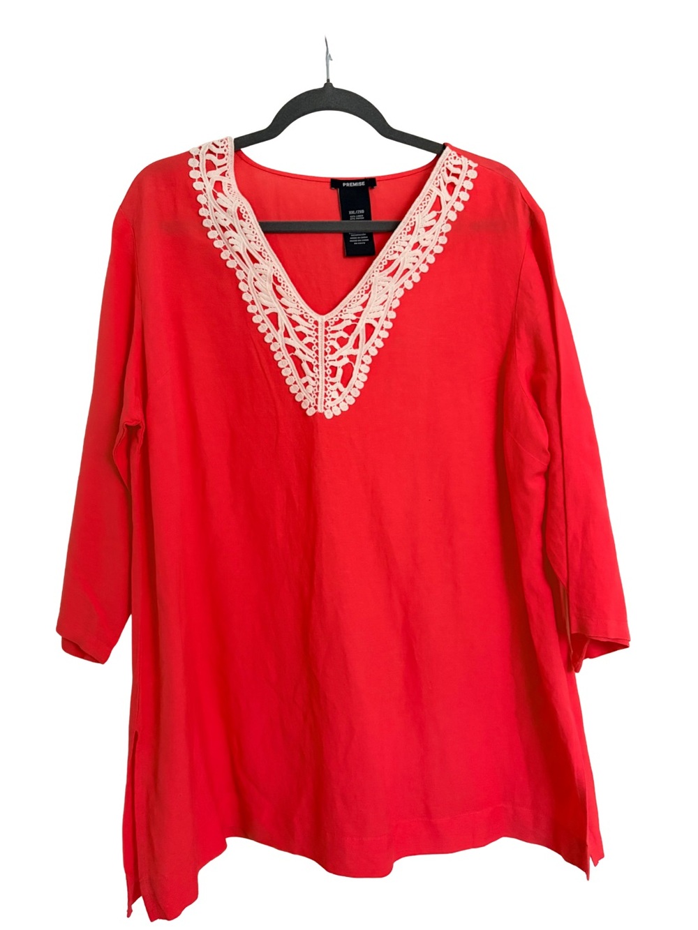 Premise Coral-Red V-Neck Tunic with Cream Crochet Trim 2X